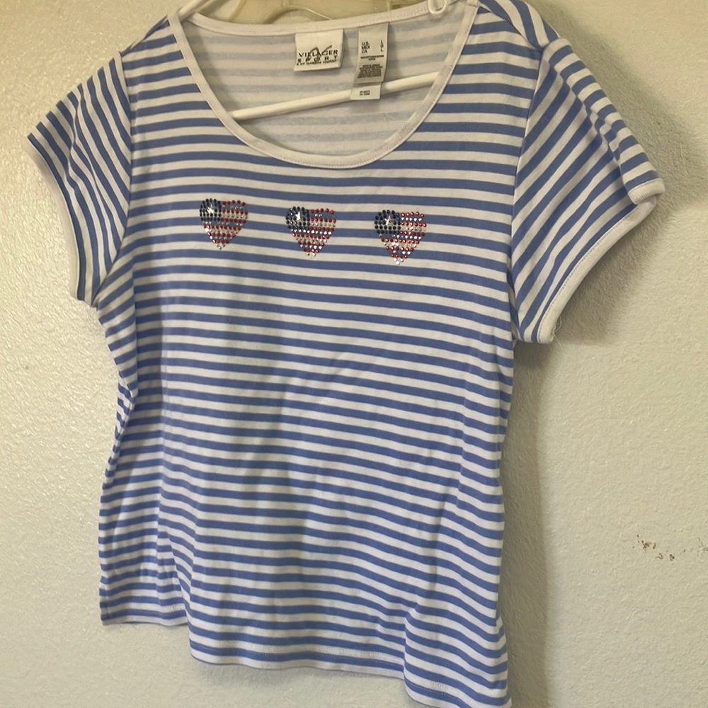 FINAL MARKDOWN Villager ladies Blue Striped Shirt with Heart Design large